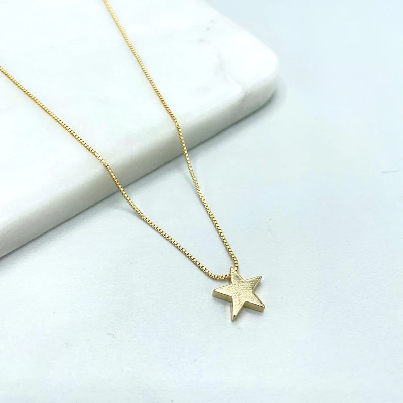 18k Gold Filled 1mm Box Chain with Polished Star Shape Charm Necklace, Celestial Design