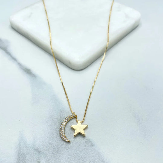 18k Gold Filled 1mm Box Chain and Clear Micro Cubic Zirconia Half Moon & Polished Star Charm Necklace, Wholesale