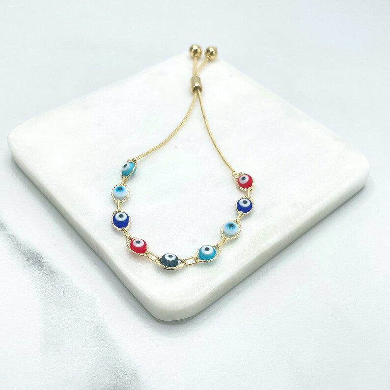 18k Gold Filled 1mm Box Chain with Colored Colorful Enamel Evil Eyes Charms Linked Adjustable Bracelet, Wholesale