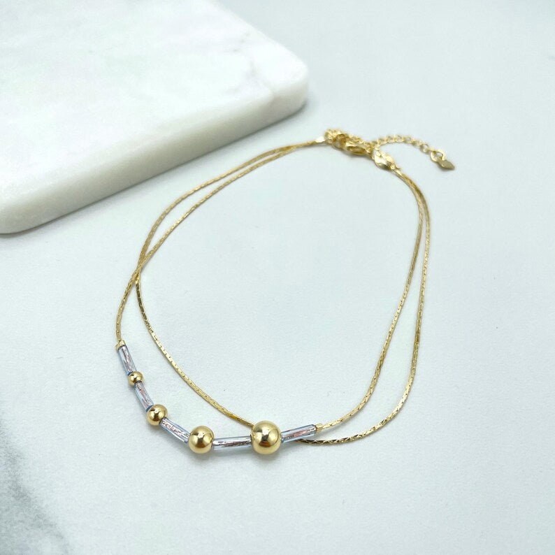 18k Gold Filled Double Layer 1mm Snake Chain Anklet with Extender, and Gold Balls and Clear Tubular Beads