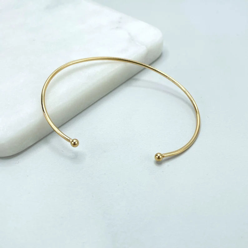 18k Gold Filled Thin Cuff Bracelet with Two Petite Balls, Minimalist Jewelry, Wholesale