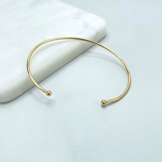18k Gold Filled Thin Cuff Bracelet with Two Petite Balls, Minimalist Jewelry