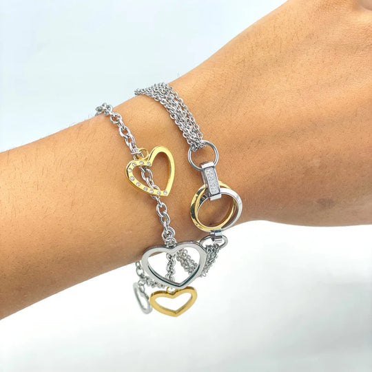 Silver Filled Two Tone Bracelets, with Cubic Zirconia Details, Hearts Charms or Circles Charms, Wholesale