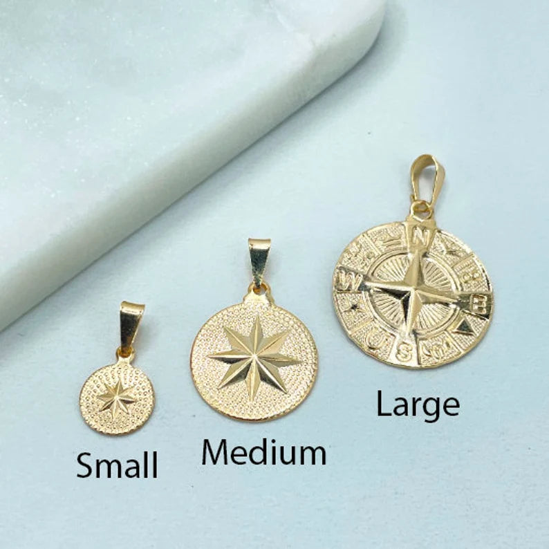 18k Gold Filled Nautical Maritime Compass, Guiding Star Charm, North Star Disc Pendant