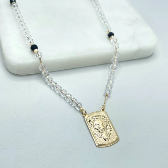 18k Gold Filled Face Lion in Rectangular Frame Plate Charm, Black and Clear Beads, Beaded Necklace, Wholesale