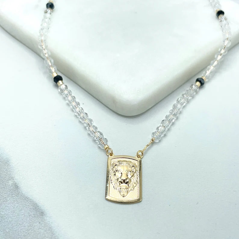 18k Gold Filled Face Lion in Rectangular Frame Plate Charm, Black and Clear Beads, Beaded Necklace, Wholesale