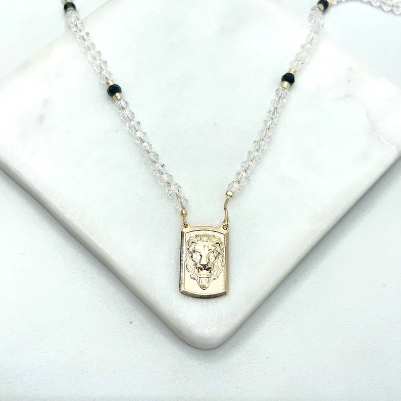 18k Gold Filled Face Lion in Rectangular Frame Plate Charm, Black and Clear Beads, Beaded Necklace, Wholesale