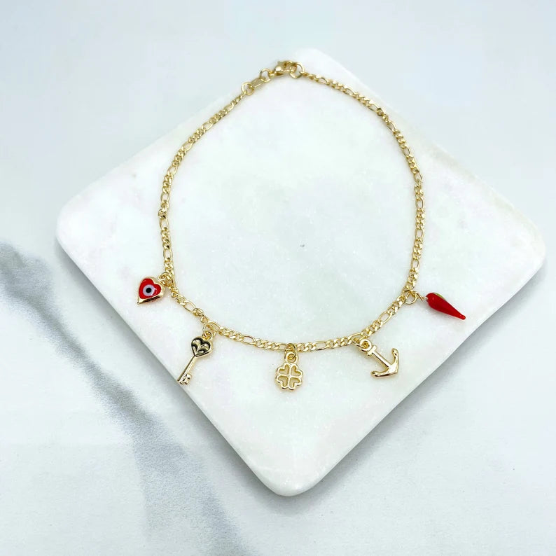 18k Gold Filled 3mm Figaro Chain, Red Evil Eyes Heart Shape, Chili, Key, Clover and Anchor Dangle Charms Anklet, Wholesale