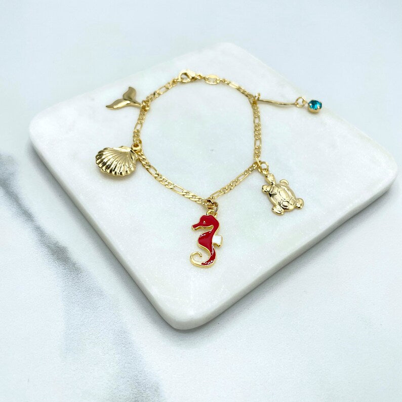 18k Gold Filled 3mm Figaro Chain, Red Enamel Seahorse, Turtle, Shell & Whale Tail, Blue CZ Dangle Charms Bracelet Wholesale