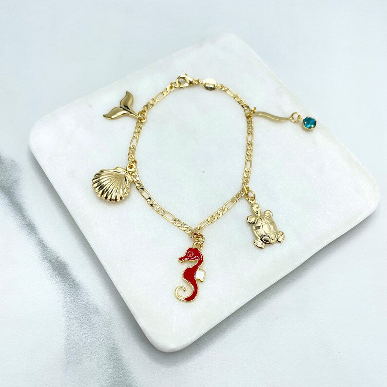 18k Gold Filled 3mm Figaro Chain, Red Enamel Seahorse, Turtle, Shell & Whale Tail, Blue CZ Dangle Charms Bracelet Wholesale