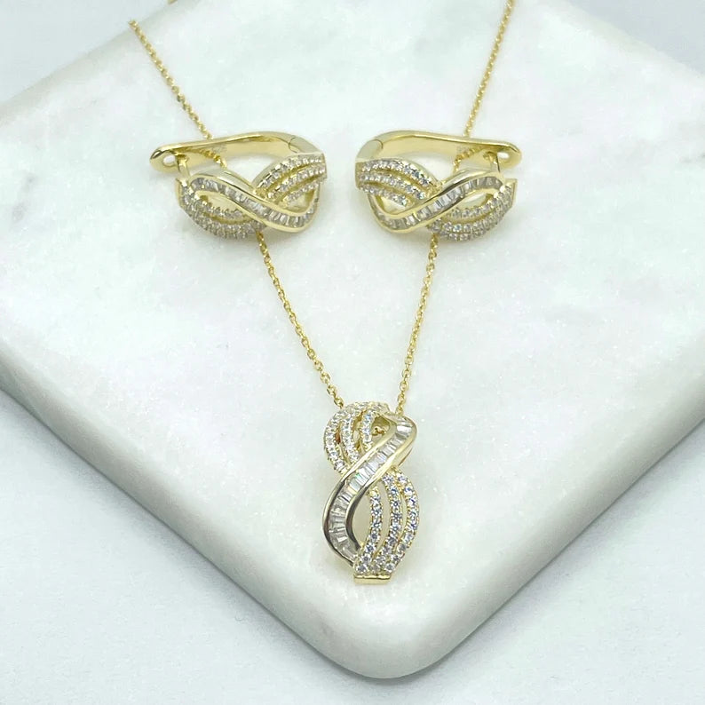 925 Sterling Silver Baguette & CZ Infinity Charms Necklace & Earrings Set | Gold or Silver