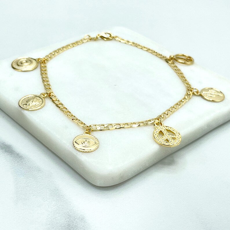 18k Gold Filled 4mm Flat Curb Link, Evil Eye, Peace, Cactus, Coins Medals Dangle Charms Anklet, Wholesale