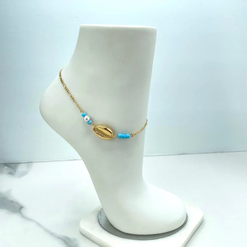 18k Gold Filled Figaro Chain with White &Light Blue Beads, Gold Shell Linked Tropical Beach Anklet
