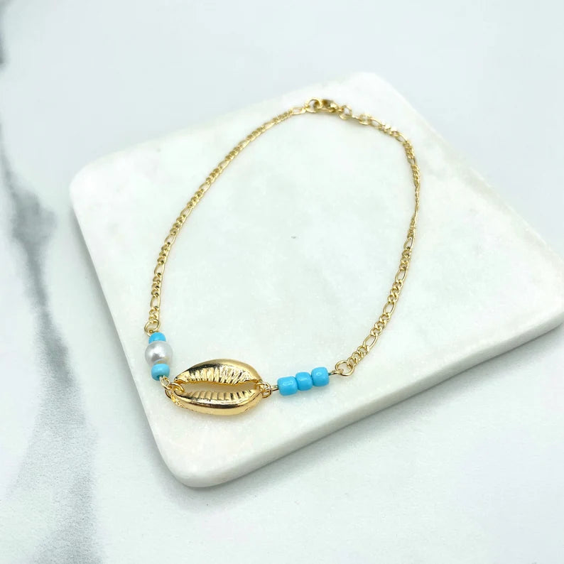 18k Gold Filled Figaro Chain with White &Light Blue Beads, Gold Shell Linked Tropical Beach Anklet