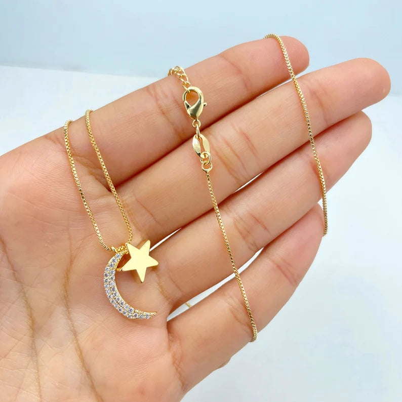 18k Gold Filled 1mm Box Chain and Clear Micro Cubic Zirconia Half Moon & Polished Star Charm Necklace, Wholesale