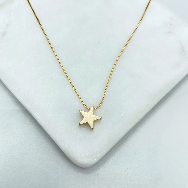 18k Gold Filled 1mm Box Chain with Polished Star Shape Charm Necklace, Celestial Design