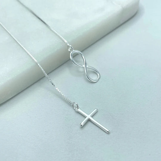 925 Sterling Silver 1mm Box Chain with Cross & Infinity Symbol Charms Lariat Necklace
