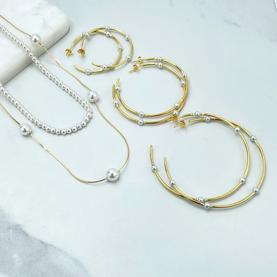 18k Gold Filled 02 Layers Necklace Simulated Pearls or Pearls C-Hoops