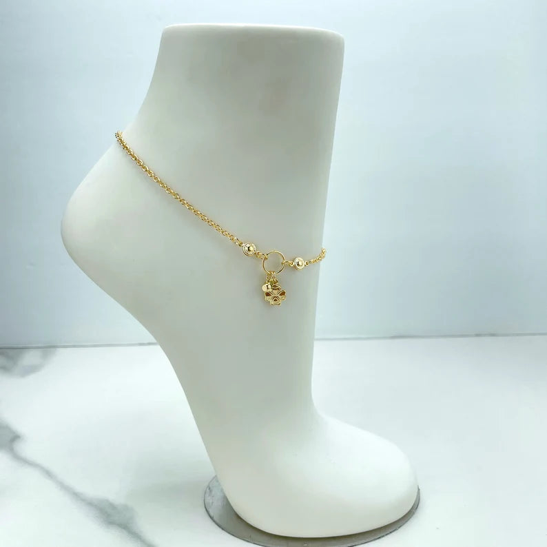 18k Gold Filled 1mm Rolo Chain with Puff Clover & Green CZ Dangle Charm Anklet