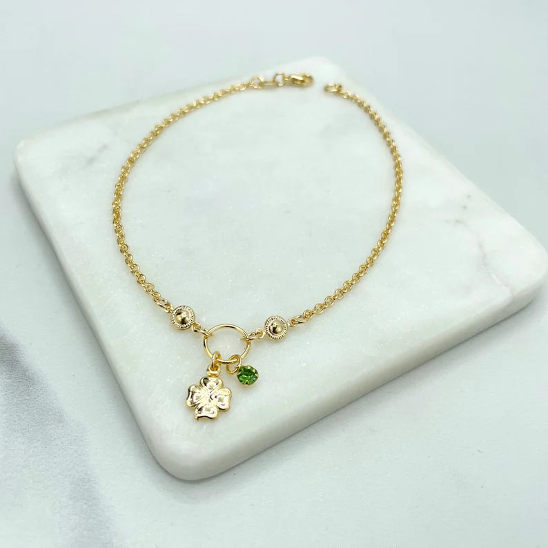 18k Gold Filled 1mm Rolo Chain with Puff Clover & Green Cubic Zirconia Dangle Charm Anklet, Lucky Design, Wholesale