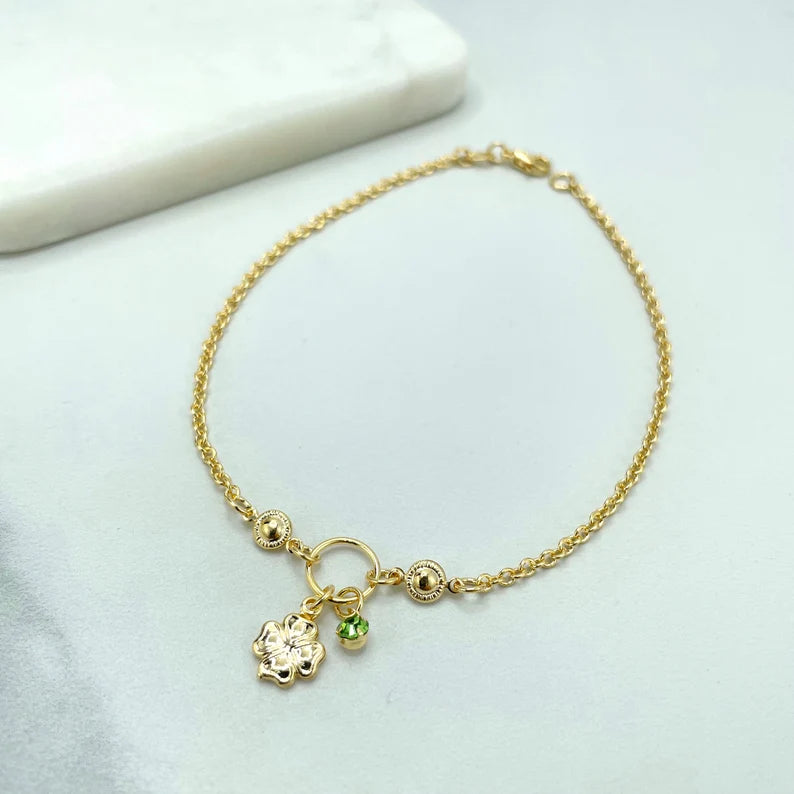 18k Gold Filled 1mm Rolo Chain with Puff Clover & Green Cubic Zirconia Dangle Charm Anklet, Lucky Design, Wholesale