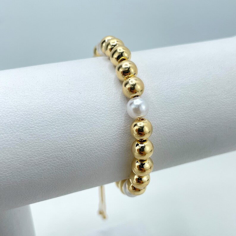 18k Gold Filled 6mm Gold and Simulated Pearl Balls, Fashion Beaded Adjustable Bracelet, Wholesale