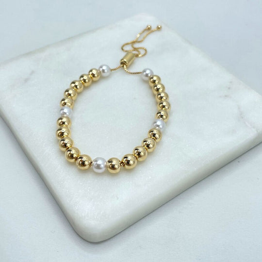 18k Gold Filled 6mm Gold and Simulated Pearl Balls, Fashion Beaded Adjustable Bracelet, Wholesale