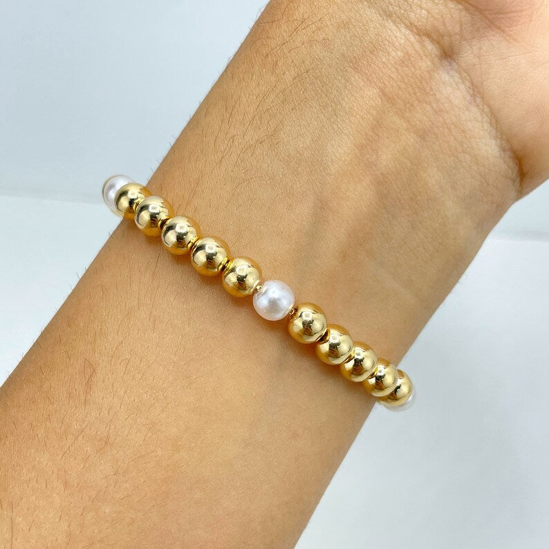 18k Gold Filled 6mm Gold and Simulated Pearl Balls, Fashion Beaded Adjustable Bracelet, Wholesale