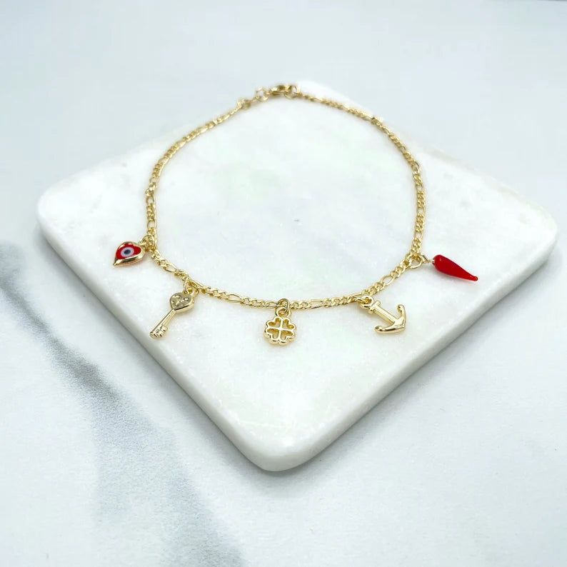18k Gold Filled 3mm Figaro Chain, Red Evil Eyes Heart Shape, Chili, Key, Clover and Anchor Dangle Charms Anklet, Wholesale