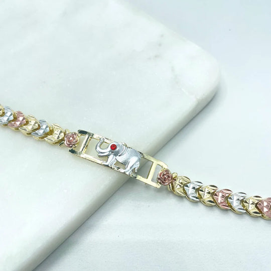 18k Gold Filled Three Tone Roses & Hearts Linked Chain, Red CZ Elephant ID Charm Bracelet