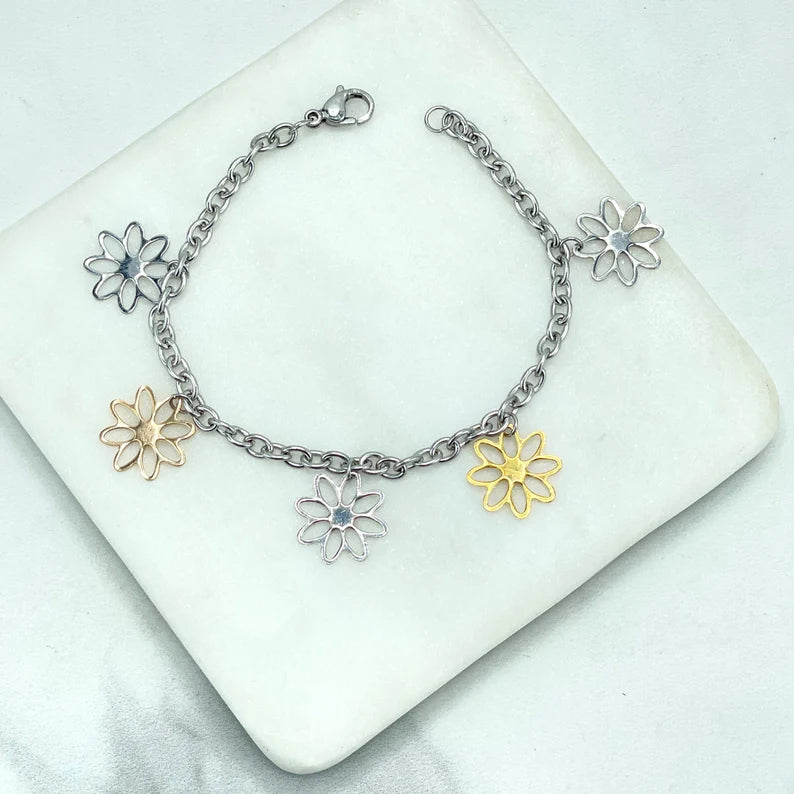 Silver Filled 4mm Rolo Chain Three Tone Bracelet with Dangle Cutout Flower Charms