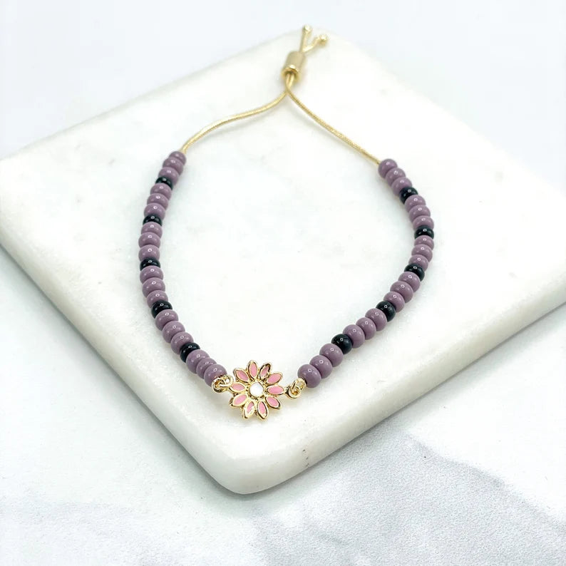 18k Gold Filled Purple, Lilac Beads & Pink Enamel Flower Charm Adjustable Bracelet