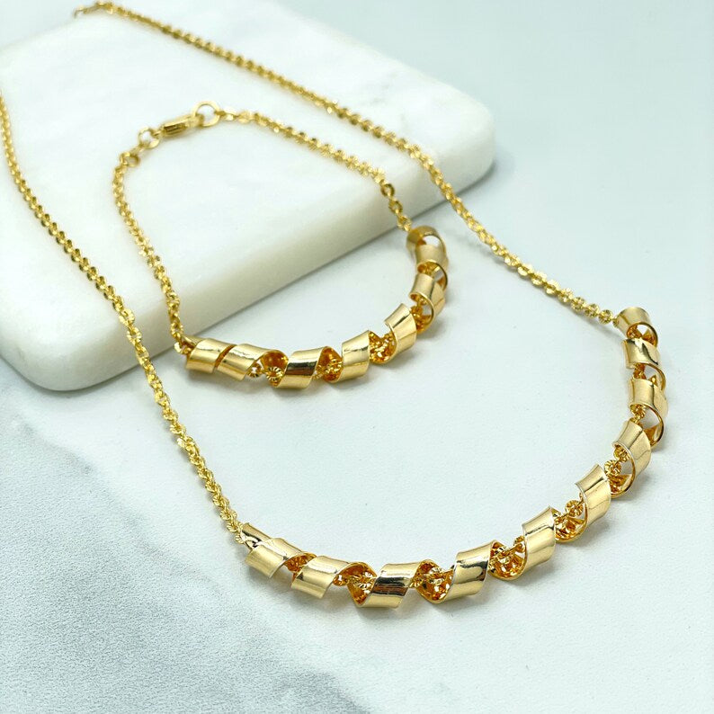 18k Gold Filled 2mm Speciality Chain with Twisted Long Charm Necklace or Bracelet Set