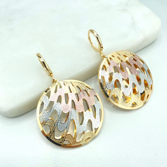 18k Gold Filled Three Tone (Gold, Silver Rose Gold) Cutout Waves Circle Shape Earrings