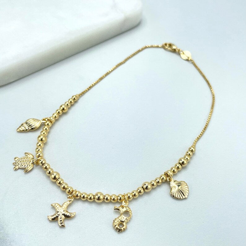 18k Gold Filled Beaded Anklet Dangle Charms, Sea Life Ocean Wholesale