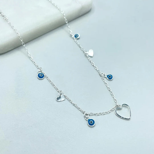 925 Sterling Silver 2mm Rolo Chain with Evil Eyes and Hearts Dangle Charms Necklace, Stamped 925