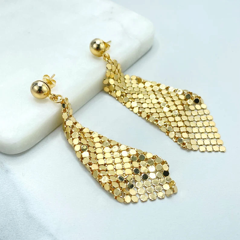 18k Gold Filled Drop & Dangle Mesh Earrings, Cascade Dot Chain Dangle Earrings