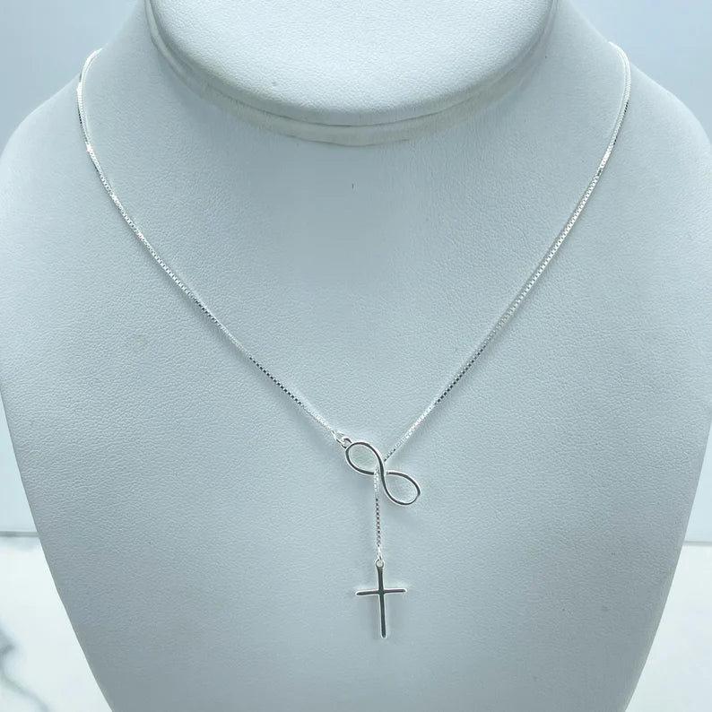 925 Sterling Silver 1mm Box Chain with Cross & Infinity Symbol Charms Lariat Necklace