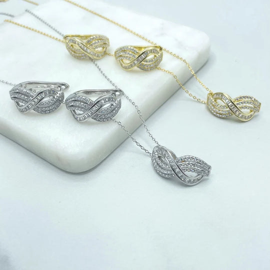 925 Sterling Silver Baguette & CZ Infinity Charms Necklace & Earrings Set | Gold or Silver