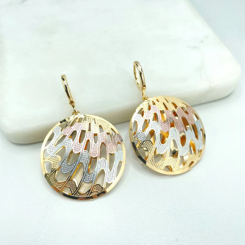 18k Gold Filled Three Tone (Gold, Silver Rose Gold) Cutout Waves Circle Shape Earrings