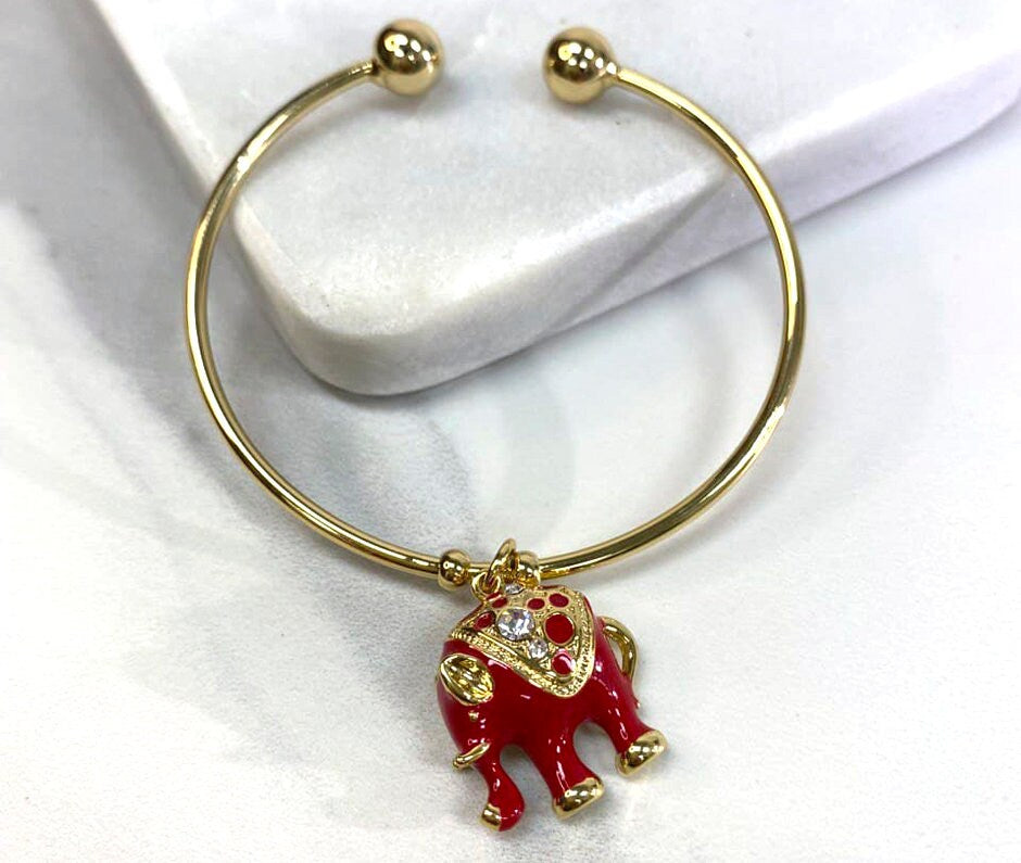 18k Gold Filled Red Elephant Charm Cuff Bracelet