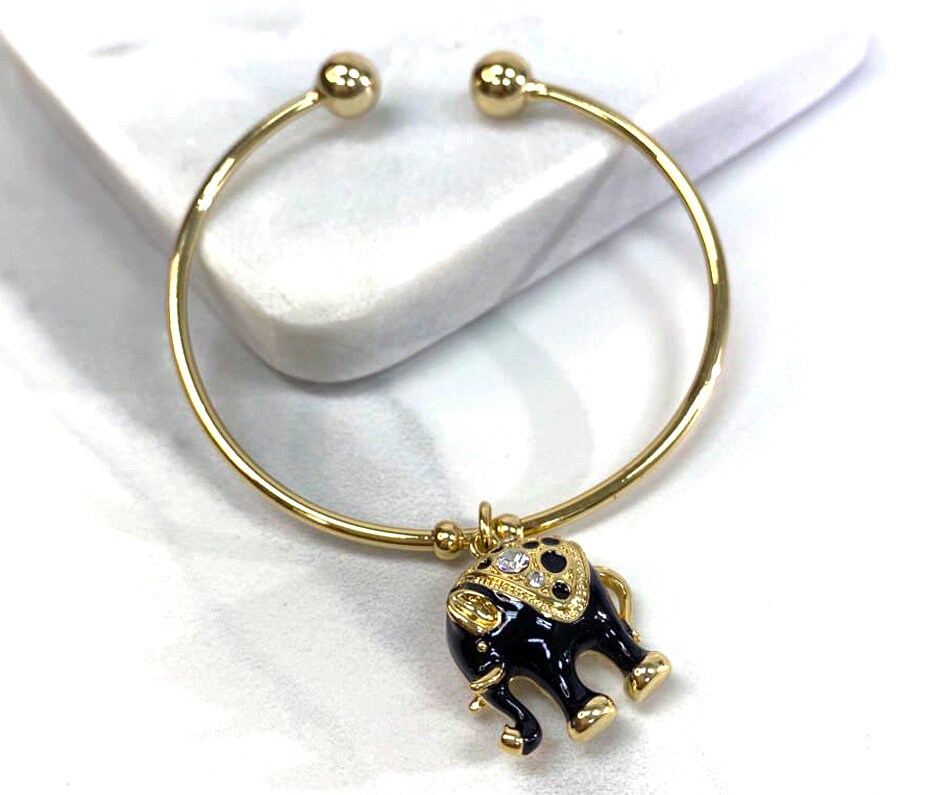 18k Gold Filled Black Elephant Charm Cuff Bracelet