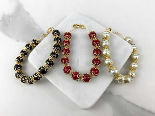 18k Gold Filled Black Pearl or Red Beaded Bracelet