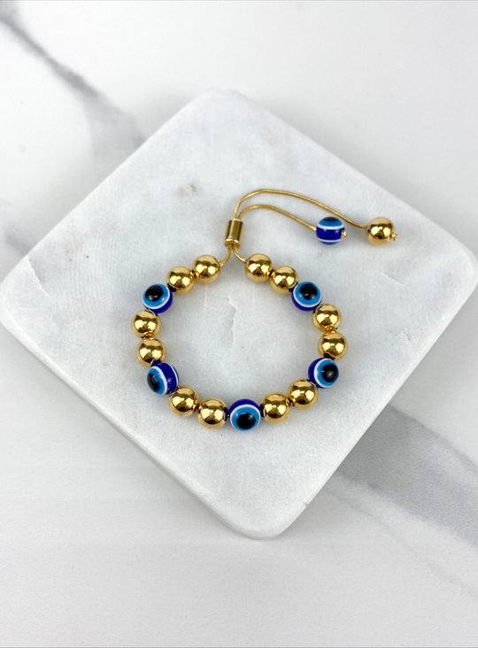 18k Gold Filled Adjustable Beaded Evil Eye Bracelet