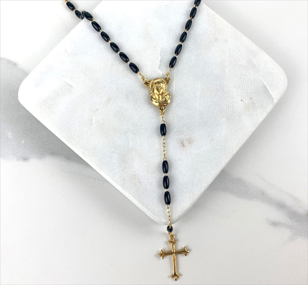 18k Gold Filled Black Beads Virgin Mary Rosary
