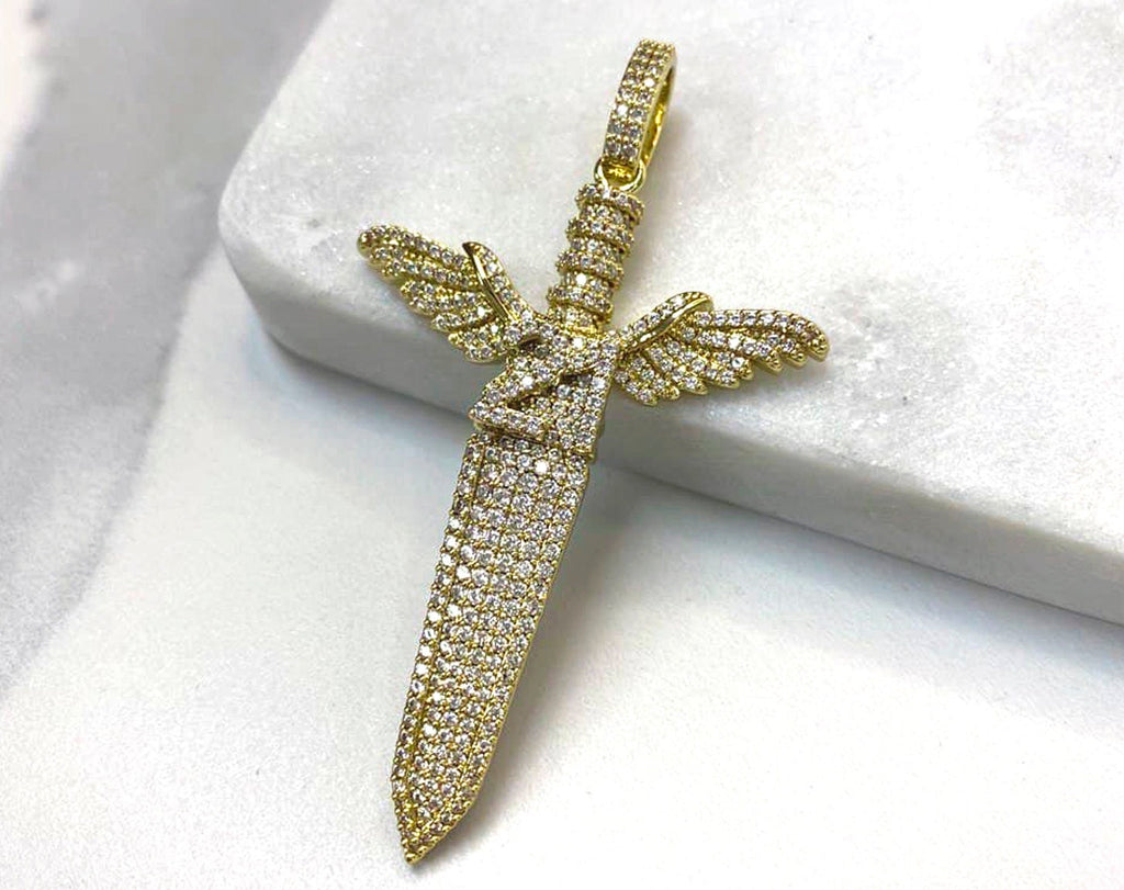 18k Gold Filled Micro Pave Iced Out Sword with Wings Pendant