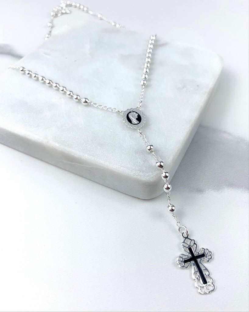 Silver Filled Beaded Black Virgin Mary Rosary