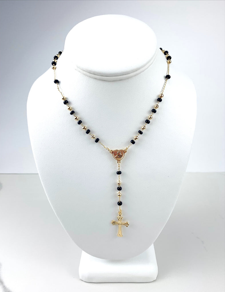 18k Gold Filled Black Beads Heart Angel Rosary