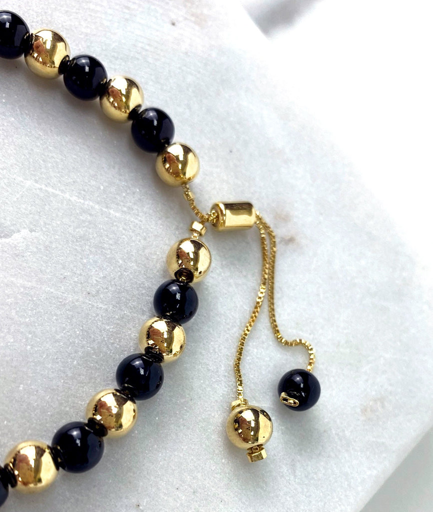 18k Gold Filled Black and Gold Beads Adjustable Bracelet