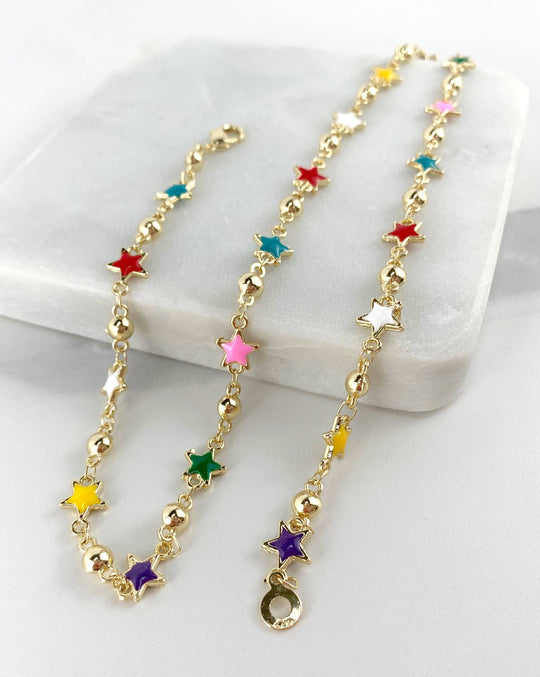 18k Gold Filled Bead Link Chain Colorful Stars Necklace